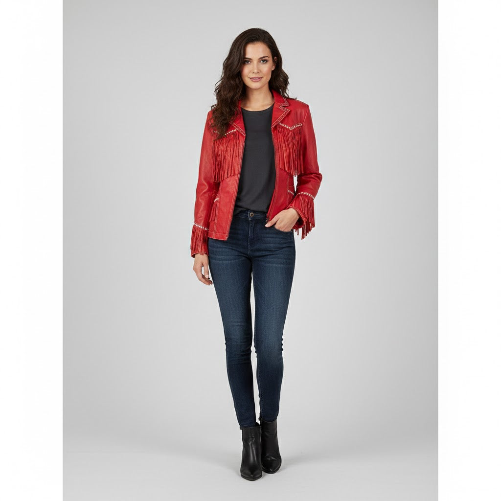 Women's Red Fringe Western Leather Jacket Handcrafted - Front