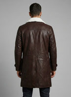 Men's Brown Washed Wax Leather Trench Coat - Left