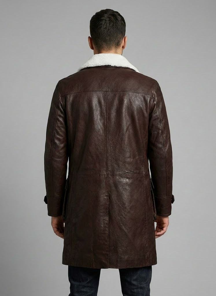 Men's Brown Washed Wax Leather Trench Coat - Left