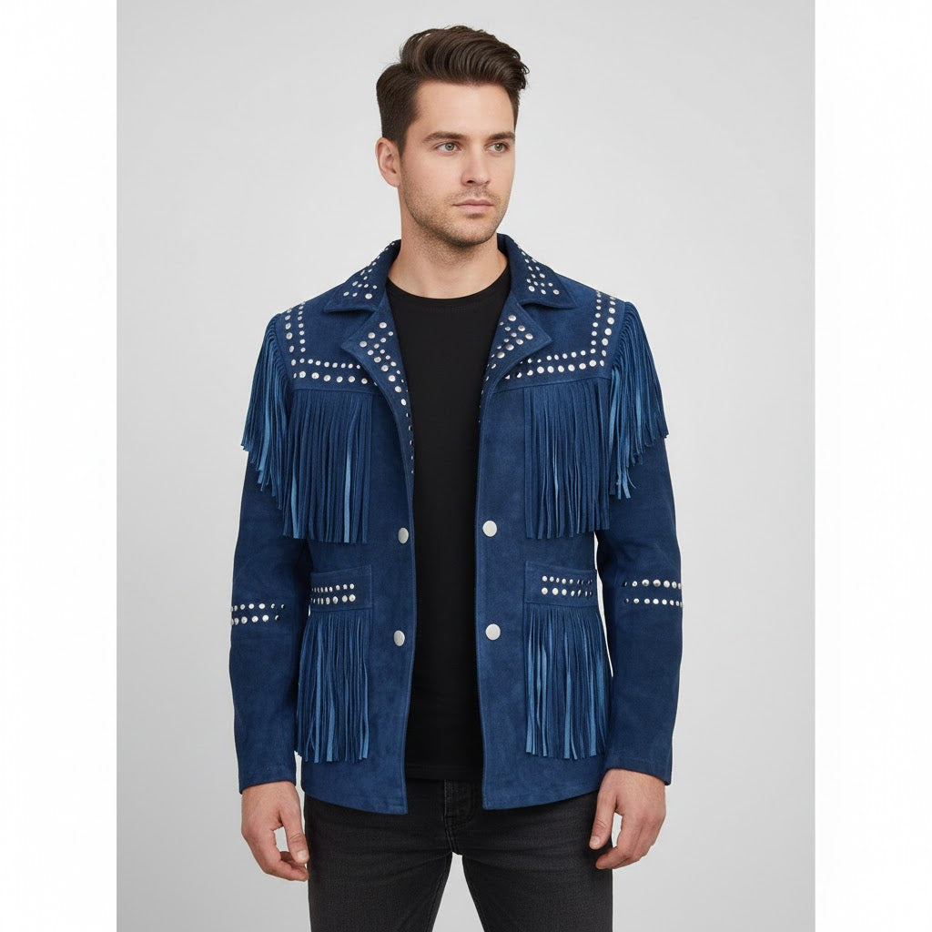 Men's Blue Western Leather Jacket - Front