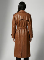 Women's Brown Leather Long Coat - Left