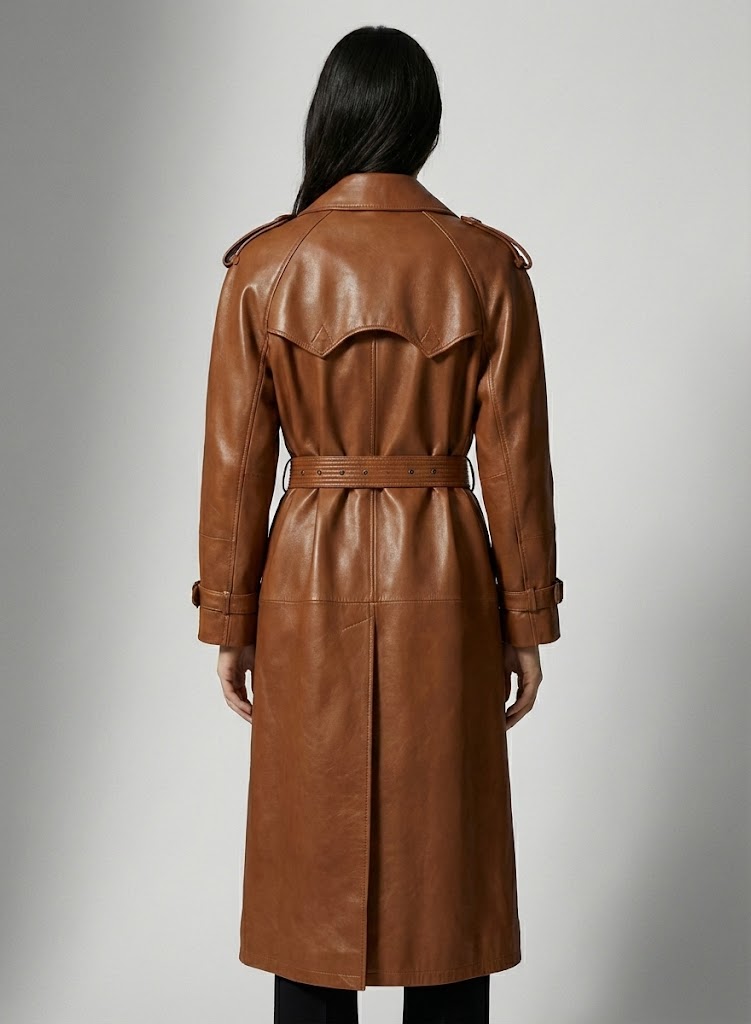 Women's Brown Leather Long Coat - Left
