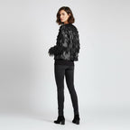 Women's Full Fringe Black Leather Jacket - Left