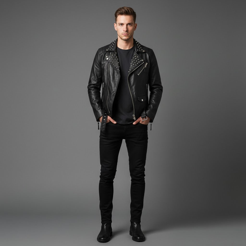 Men's Studded Black Leather Jacket Edition 2 - Front