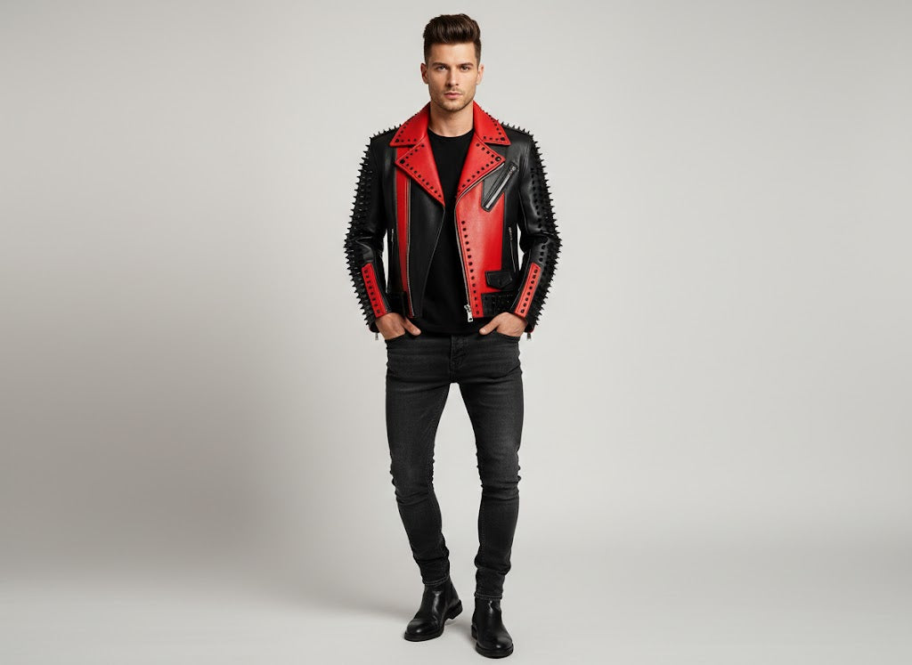 Men's Red and Black Studded Leather Jacket - Back