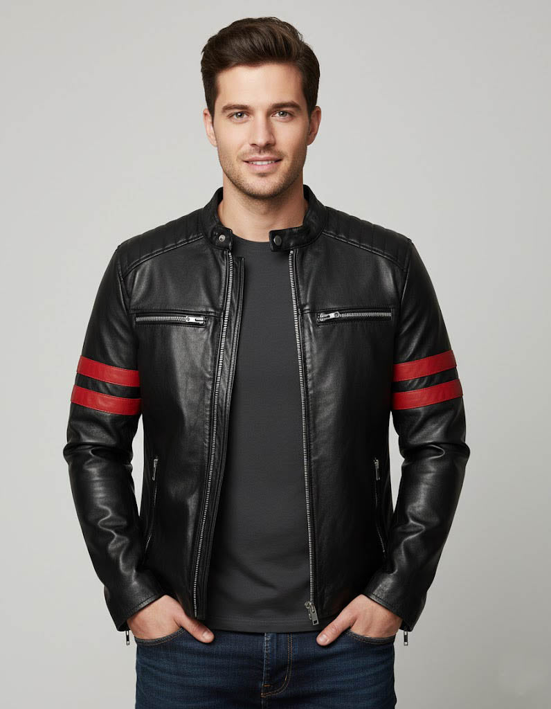 Men's Black Leather Biker Jacket with Red Stripes - Front