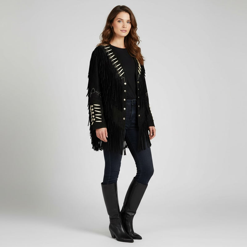 Women's Black Western Biker Leather Jacket - Front