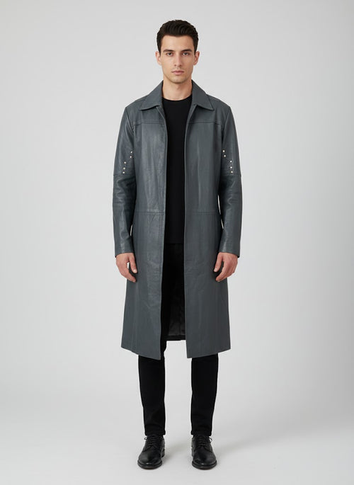 Charlton Grey Leather Single Breasted Coat - Front