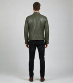 Men's Olive Green Cafe Racer Leather Jacket - Back