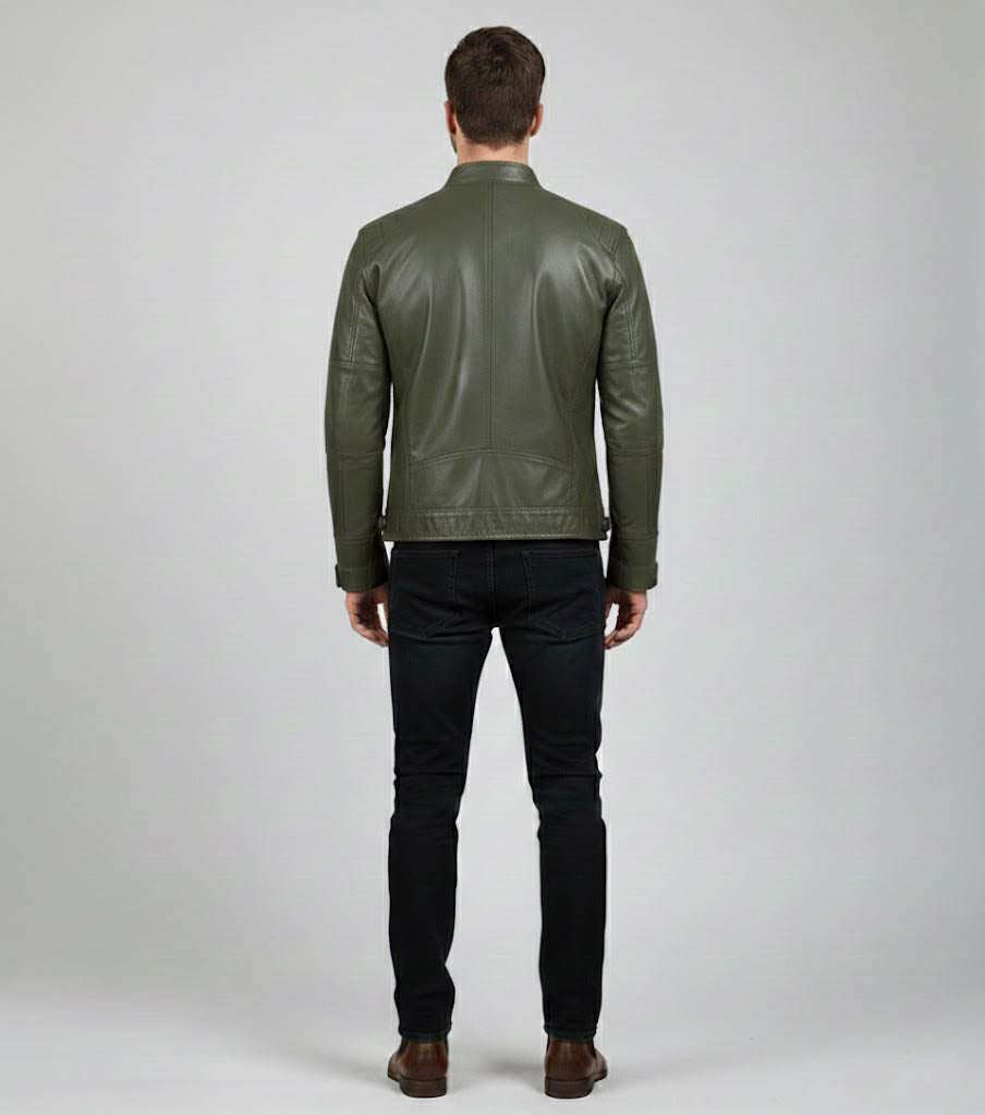 Men's Olive Green Cafe Racer Leather Jacket - Back