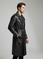 Men's Black Leather Long Coat - Back