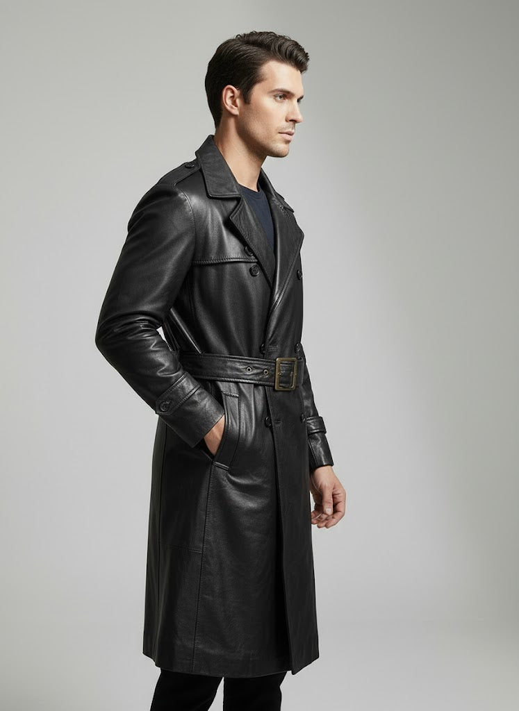 Men's Black Leather Long Coat - Back