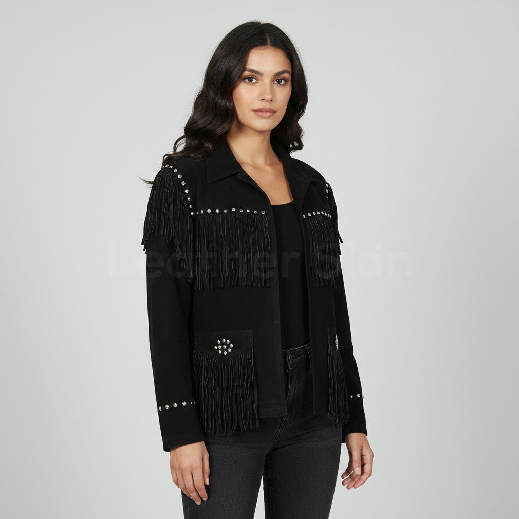 Women's Black Western Leather Jacket - Front