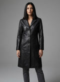 Women's Black Belted Leather Long Coat - Front