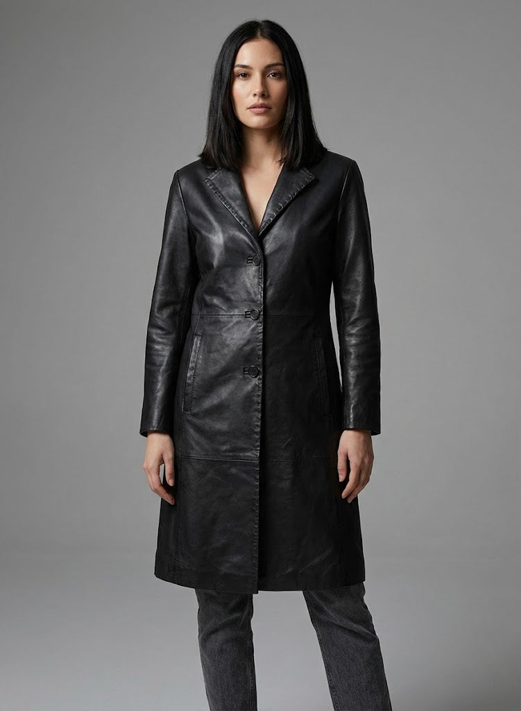 Women's Black Belted Leather Long Coat - Front