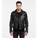 Men's Black Silver Studded Leather Biker Jacket - Front