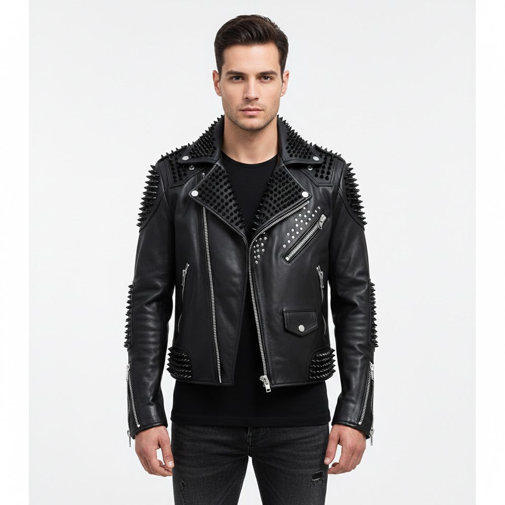 Men's Black Silver Studded Leather Biker Jacket - Front