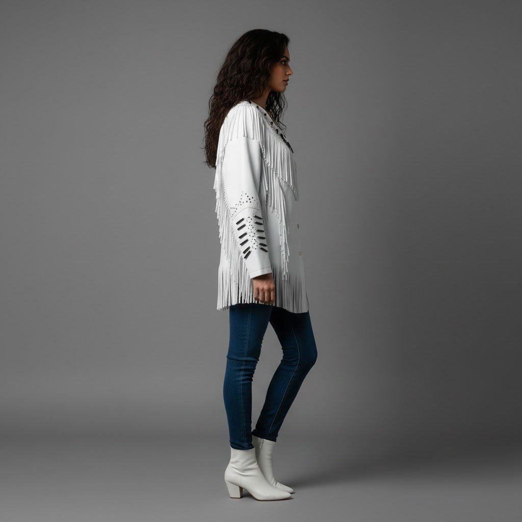 White Suede Fringe Western Jacket - Back