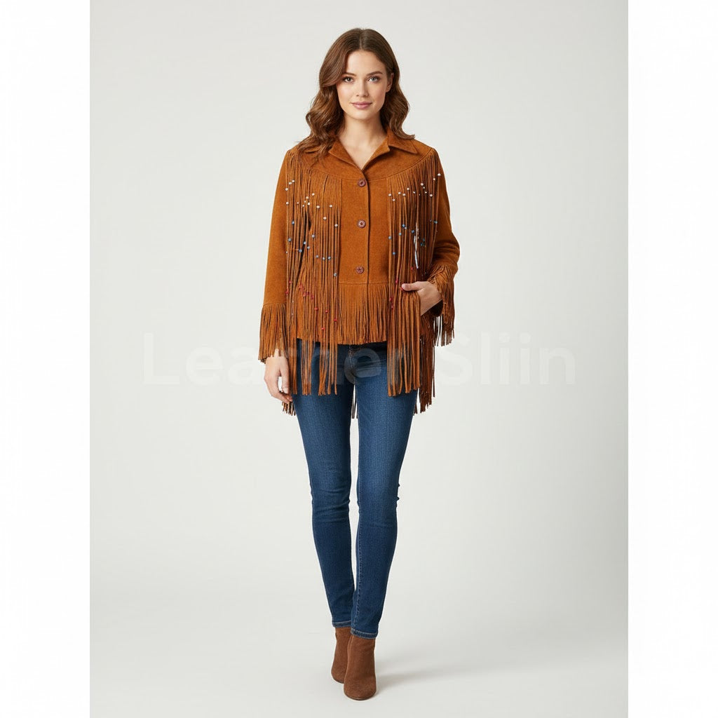 Women's Tan Western Fringe Suede Leather Jacket - Front