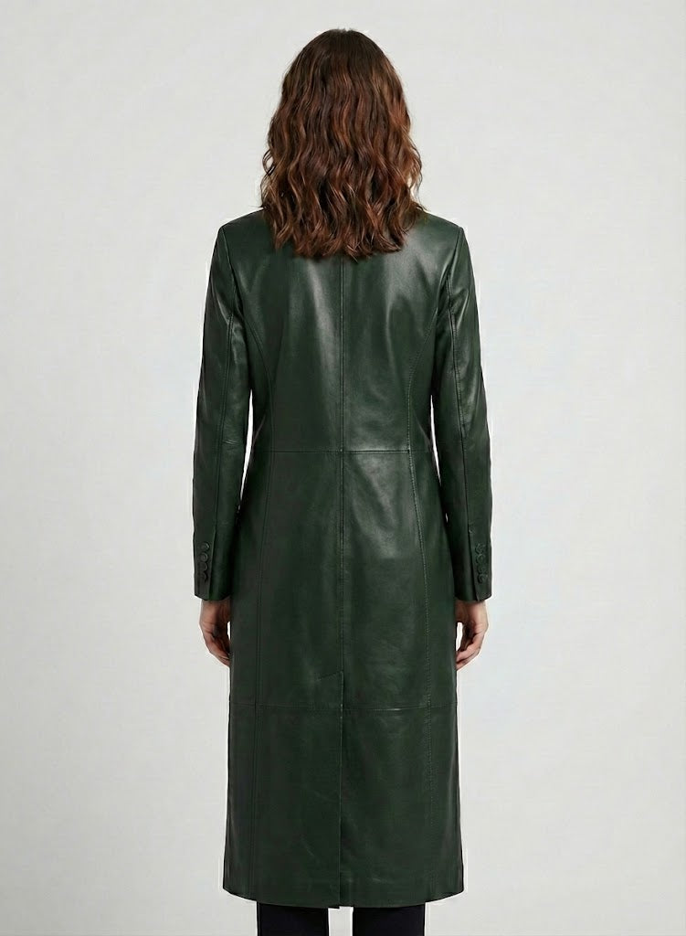 Green Long Leather Coat for Women - Back