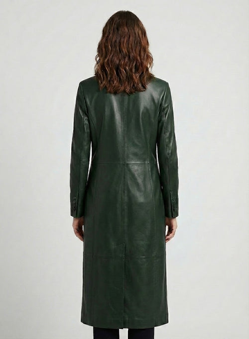 Green Long Leather Coat for Women - Back