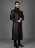 Men's Black Leather Trench Coat - Front