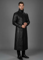Men's Black Leather Trench Coat - Front