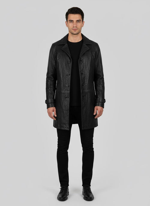 Black Leather Coat for Men - Front