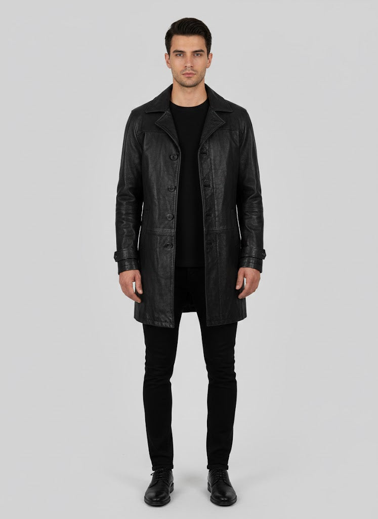 Black Leather Coat for Men - Front