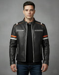 Men's Cafe Racer Motorcycle Leather Jacket - Front