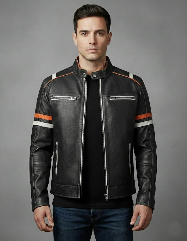 Men's Cafe Racer Motorcycle Leather Jacket - Front