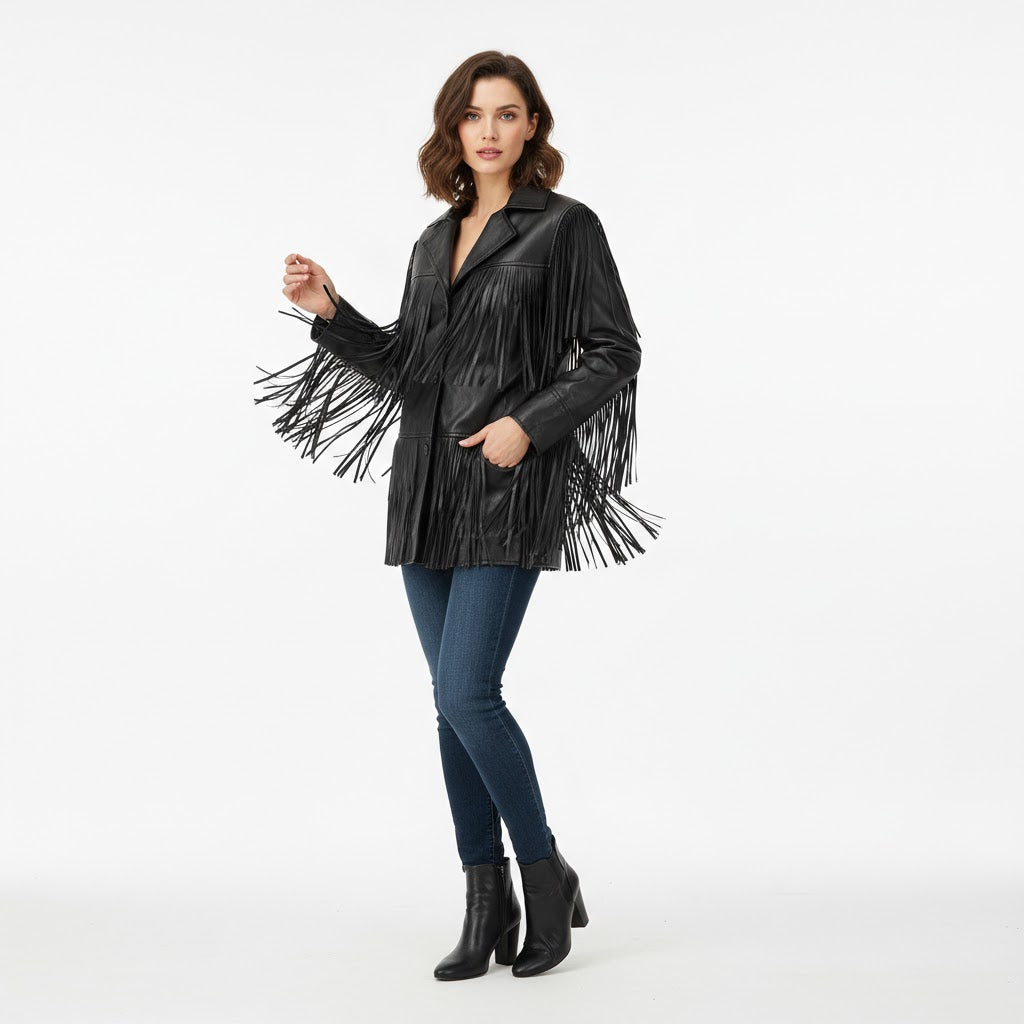 Women's Black Leather Tassel Western Jacket - Front