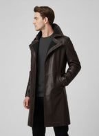 Men's Coffee Brown Leather Trench Coat - Back