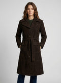 Women's Dark Brown Suede Leather Long Coat - Front