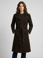 Women's Dark Brown Suede Leather Long Coat - Front