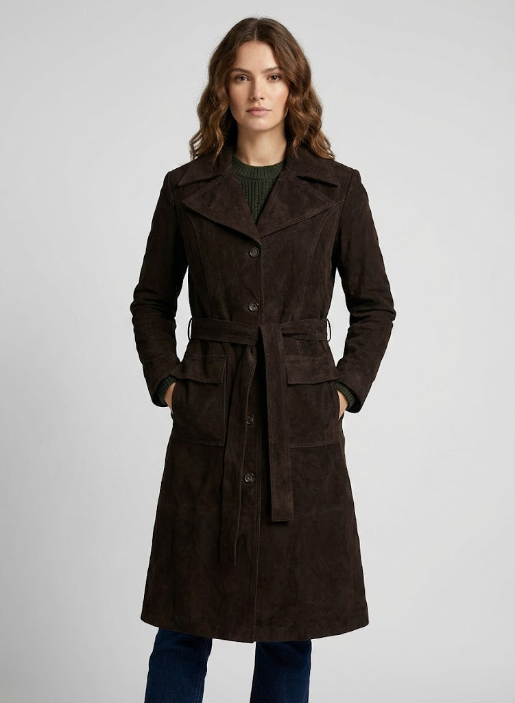 Women's Dark Brown Suede Leather Long Coat - Front