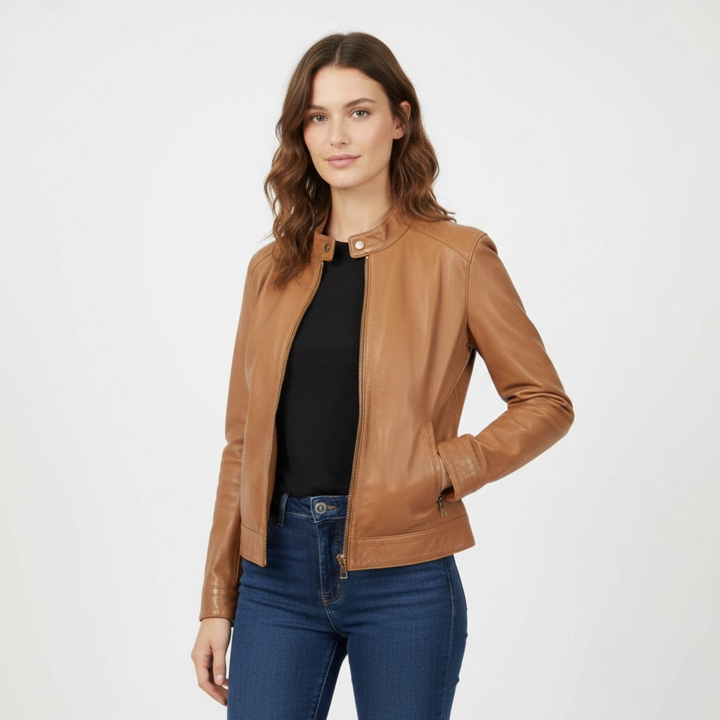 Women's Tan Leather Jacket - Front