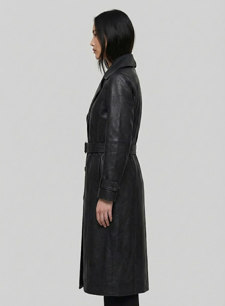 Women's Leather Long Coat - Back