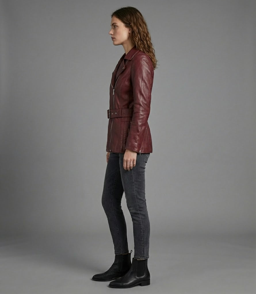 Women's Burgundy Real Leather Biker Jacket Classic Moto - Back