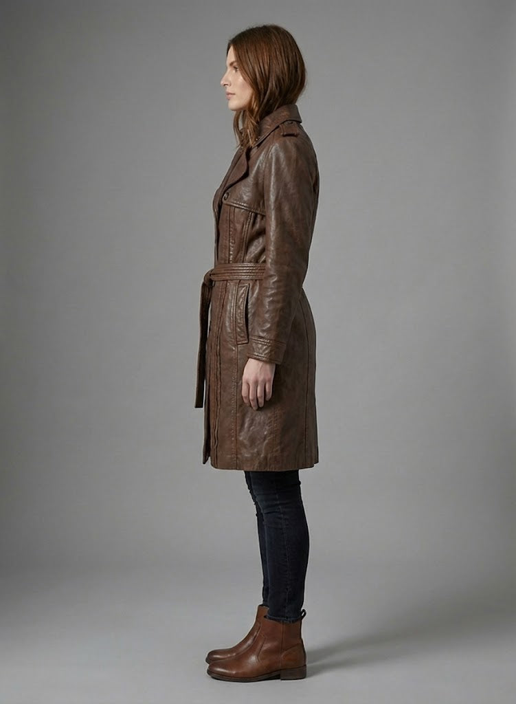 Women's Spanish Brown Leather Long Coat - Back