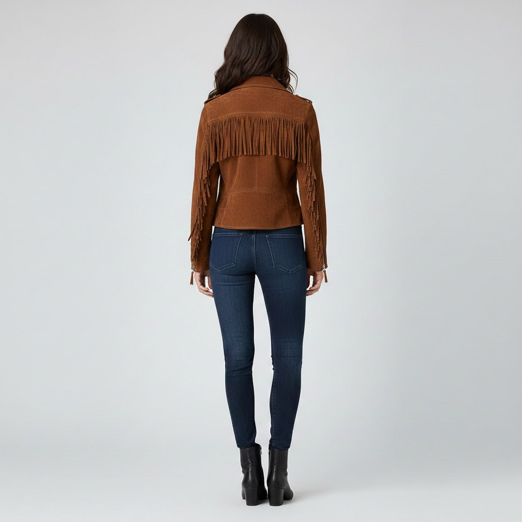 Women's Brown Suede Biker Jacket - Left