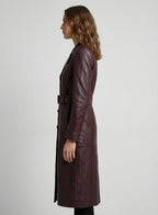 Women's Brown Leather Trench Coat - Back