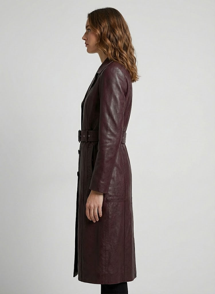 Women's Brown Leather Trench Coat - Back