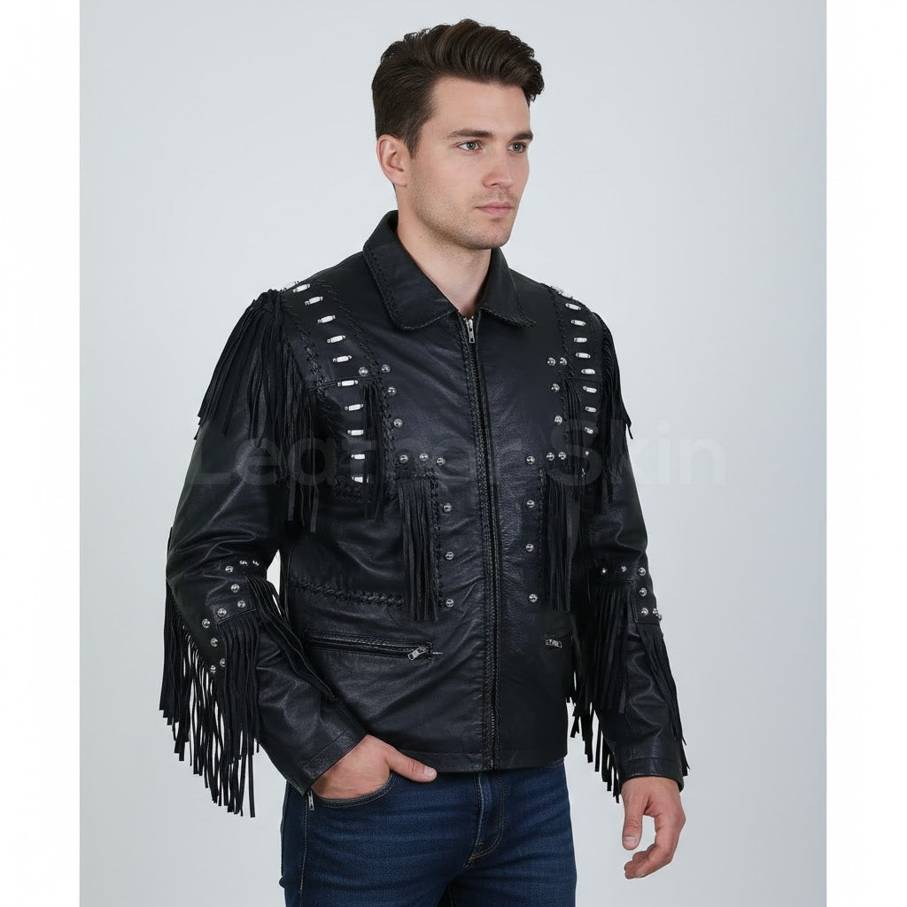 Men's Western Fringe Leather Jacket - Front