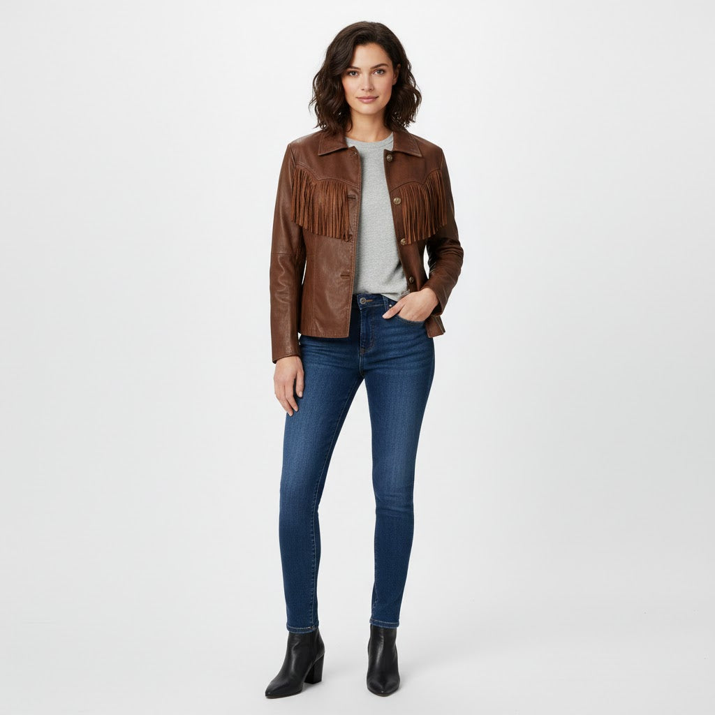 Brown Western Fringe Leather Jacket - Front