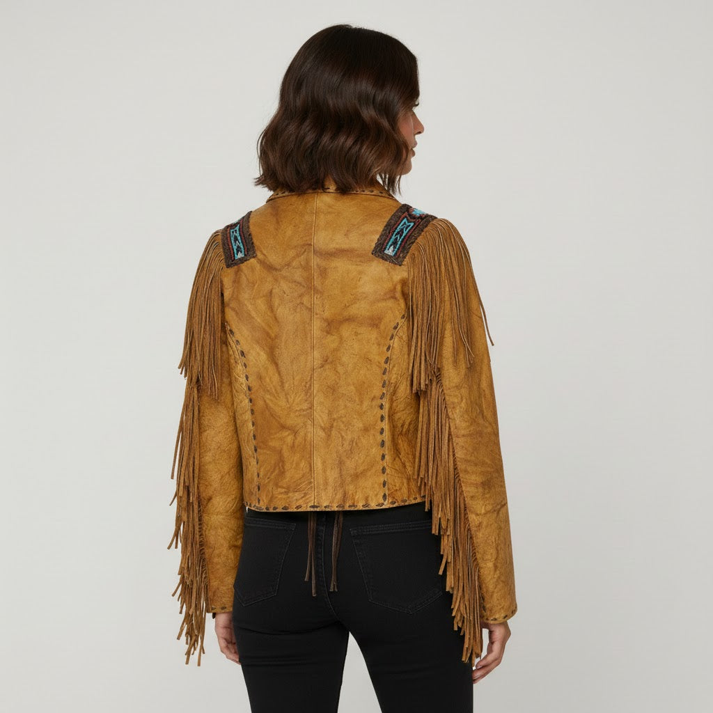 Women's Western Fringe Leather Jacket - Back
