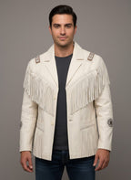 Men's Real White Western Leather Jacket - Front