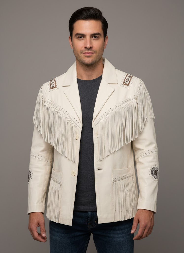 Men's Real White Western Leather Jacket - Front
