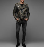 Men's Black Studded Leather Biker Jacket - Front