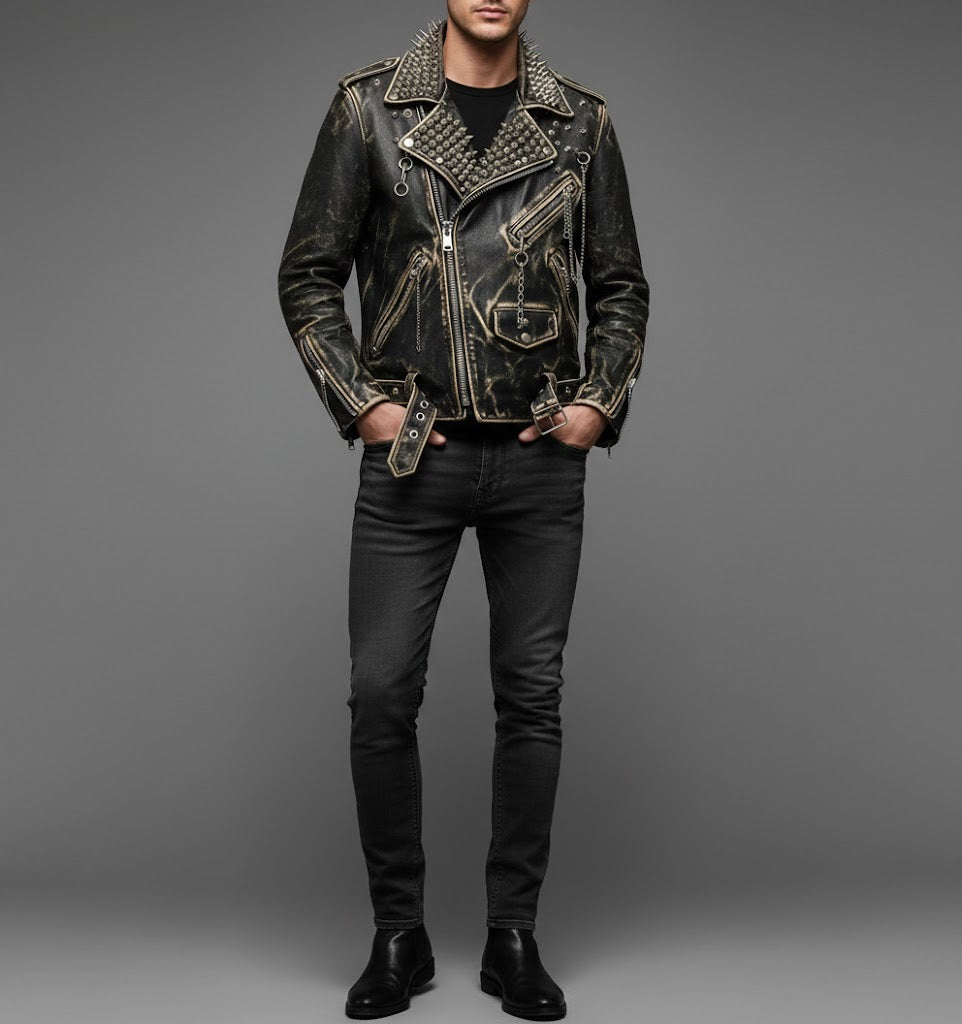 Men's Black Studded Leather Biker Jacket - Front